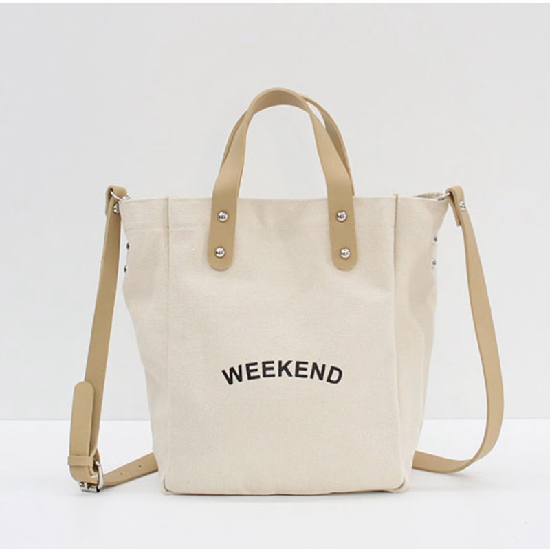 High quality women canvas shopping bag with leather strap
