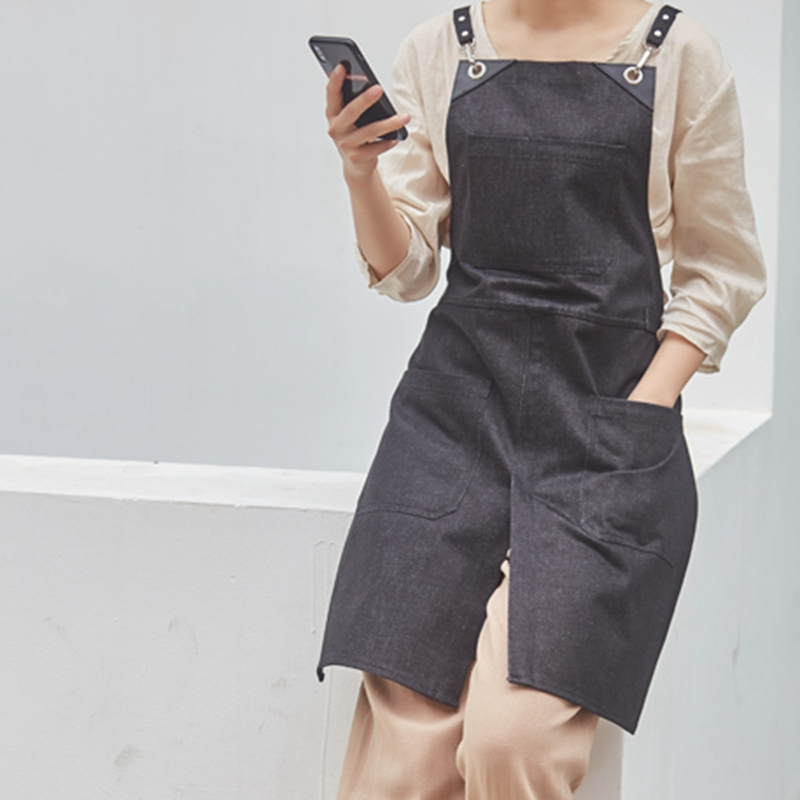 Leather black denim work apron barista restaurant gardening floral hair cutting cotton canvas apron for promotional