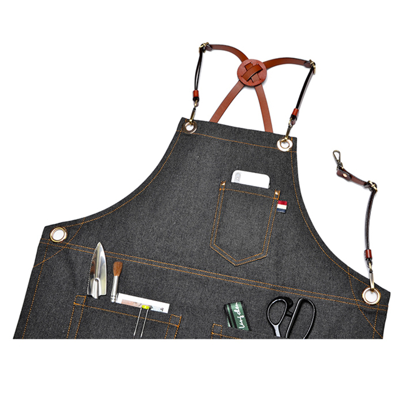Superior Design Wear-resistant Black Denim Tool Apron with Leather Belts Work Helper for Workshop