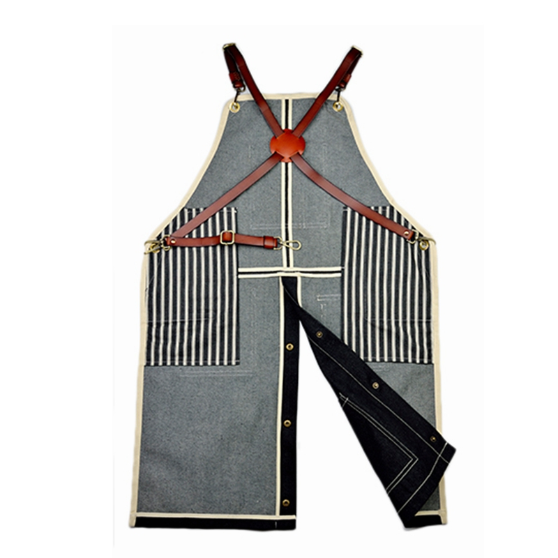High-grade Bifurcated Cross Leather Straps Superior Denim Fabric Exquisite Tooling Apron Logo Custom