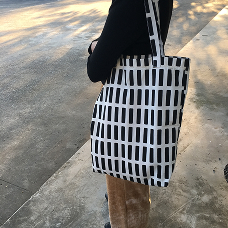 Simple white striped shoulder bag Oxford bag large supermarket green shopping bag