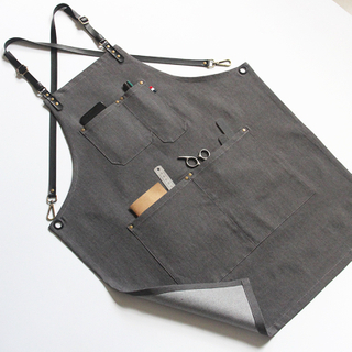 Stylist Leather Strap Denim Work Apron For Cafe Restaurant Bar Uniforms Painting Logo Custom