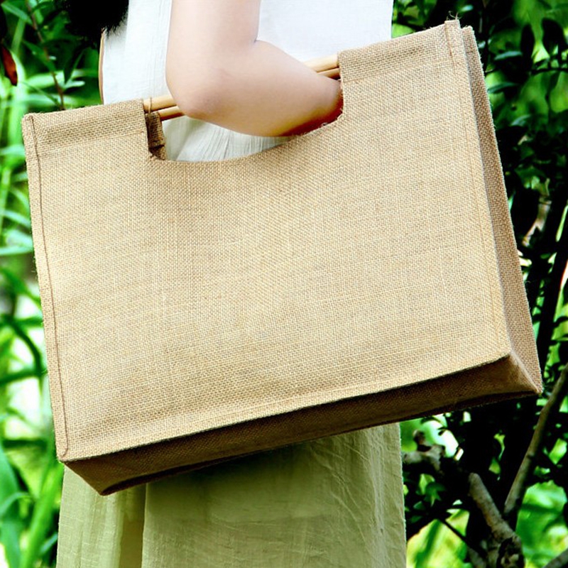 Eco friendly breathable fashion strong linen tote shopping bag with wood handle