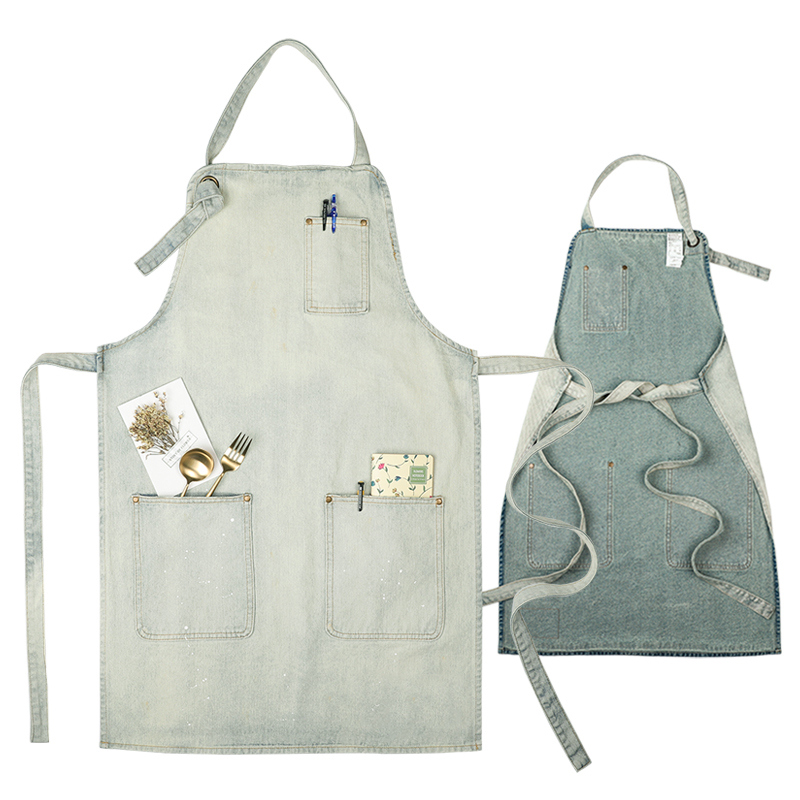 New style washed cotton material soft and fine color fastness kitchen cooking canvas denim apron