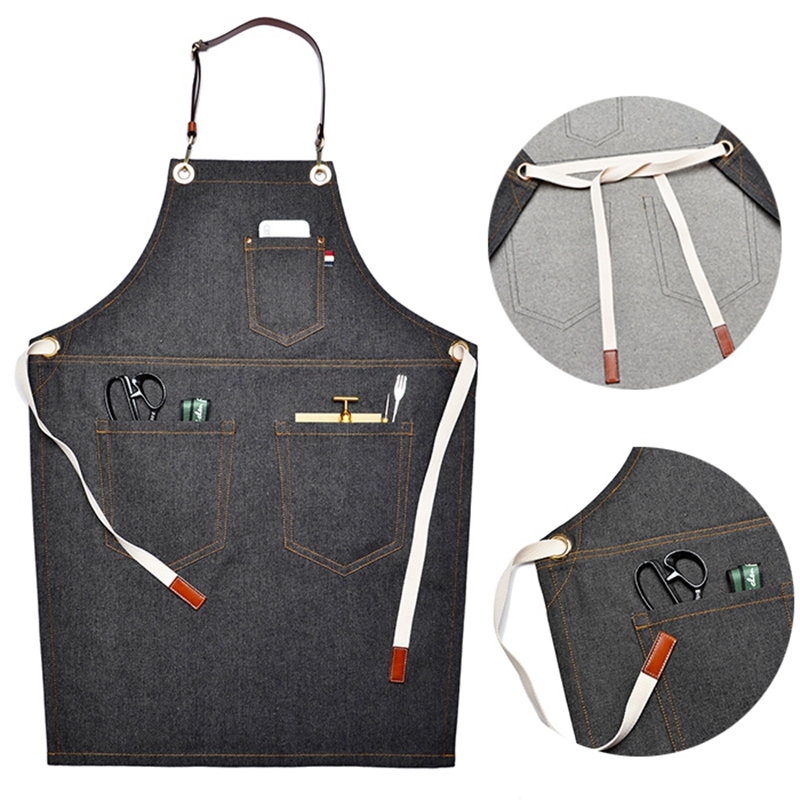 Hot sale multifunction eco friendly breathable reusable strong cotton canvas denim apron for men