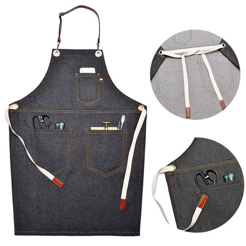 Hot sale multifunction eco friendly breathable reusable strong cotton canvas denim apron for men