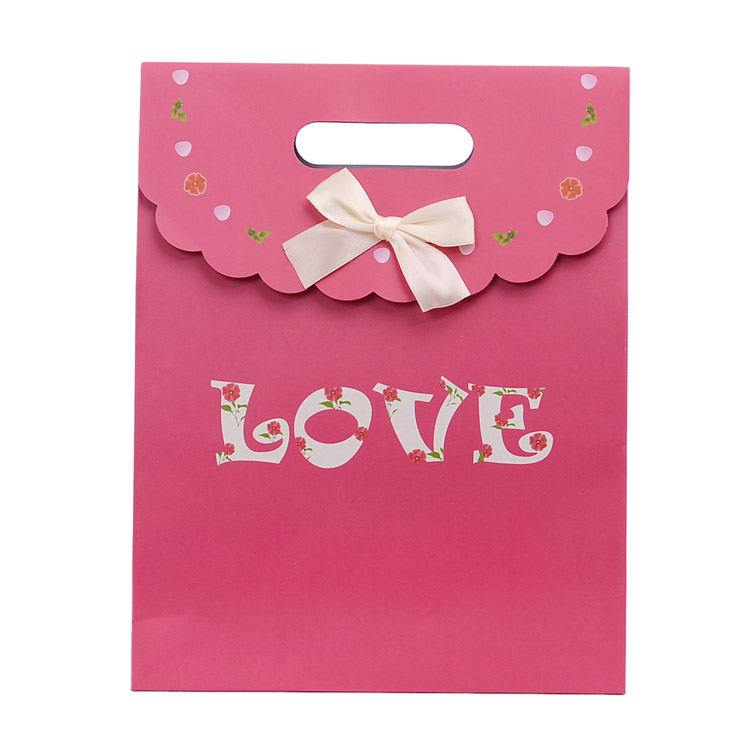 Custom love christmas pink paper small gift bags with die cut handle