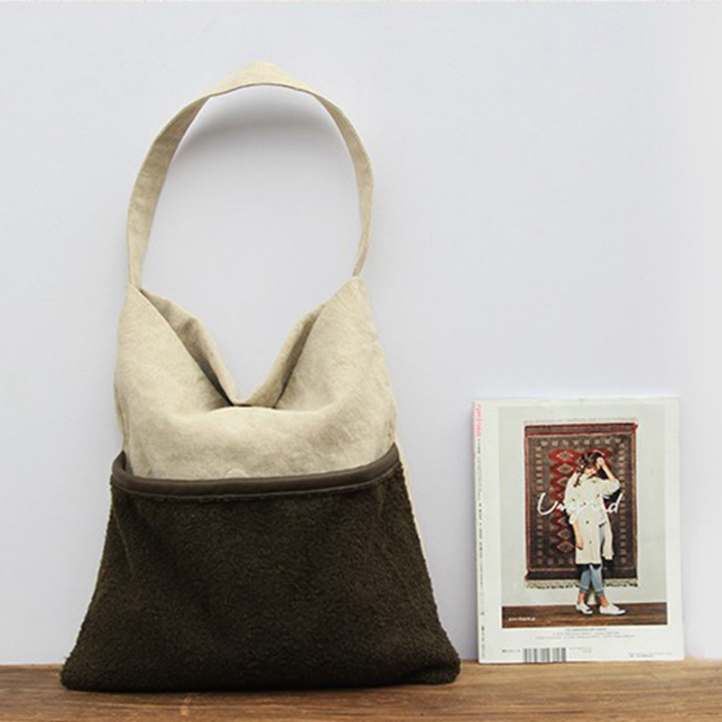 New product burlap and lamb flannel stitching fabric fashion eco friendly high quality low price women cotton linen tote bag