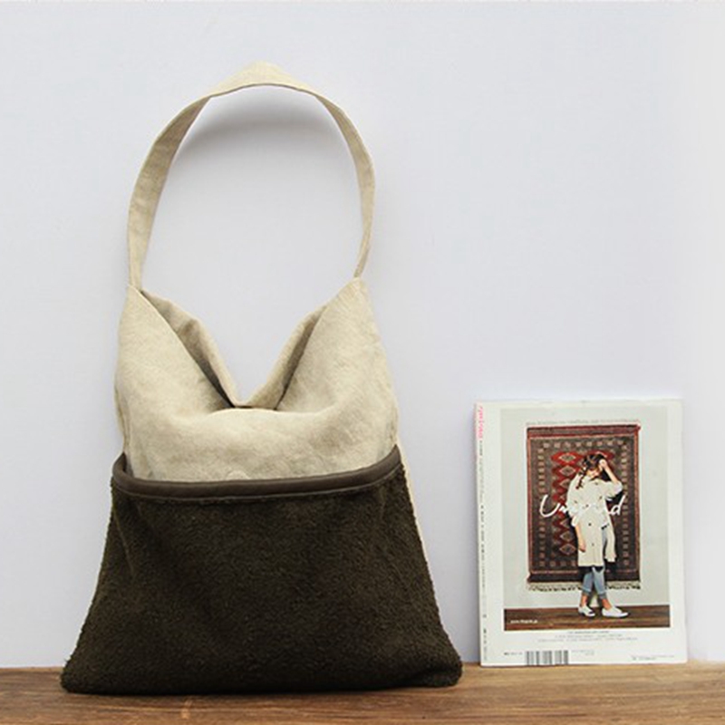 New product burlap and lamb flannel stitching fabric fashion eco friendly high quality low price women cotton linen tote bag