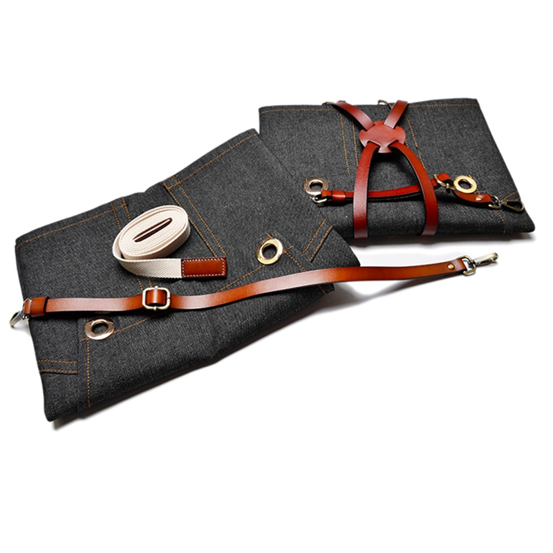 Superior Design Wear-resistant Black Denim Tool Apron with Leather Belts Work Helper for Workshop