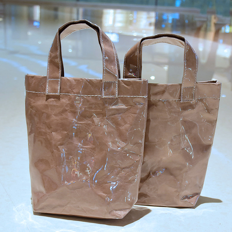 Creative double transparent kraft paper tote shopping bag shoulder bag female