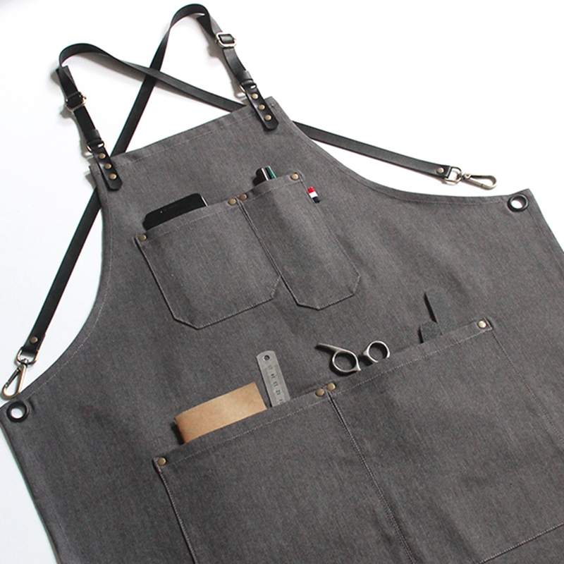 Stylist Leather Strap Denim Work Apron For Cafe Restaurant Bar Uniforms Painting Logo Custom