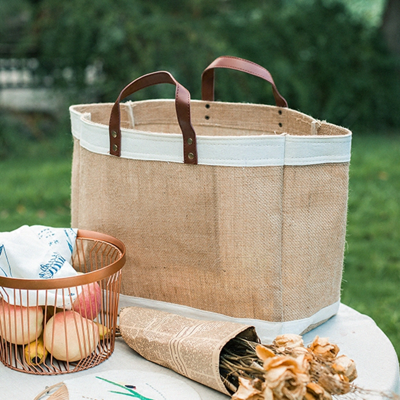 New style fashion popular linen tote shopping bag with leather strap