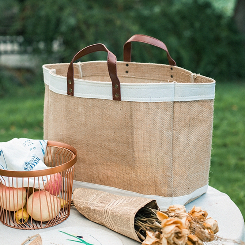 New style fashion popular linen tote shopping bag with leather strap