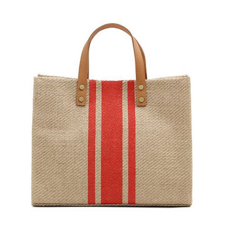 Brand new stylish portable strong linen tote shopping bag with leather handle 