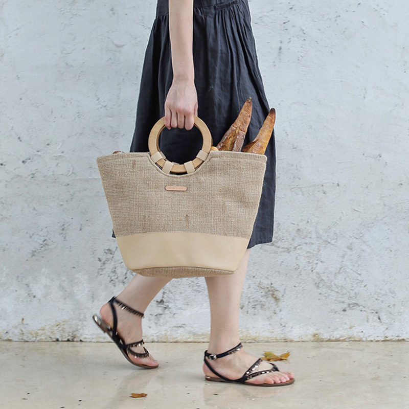 High grand brand new eco friendly breathable linen tote shopping bag with wood handle