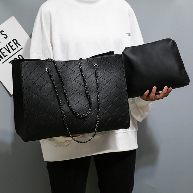 2018 new rhombic high quality chain mother bag black pu tote bag