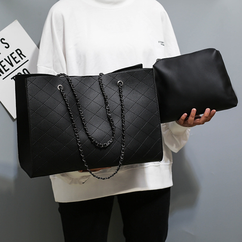 2018 new rhombic high quality chain mother bag black pu tote bag