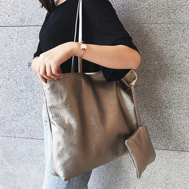New two color solid color soft leather shopping bag waterproof pu tote bag