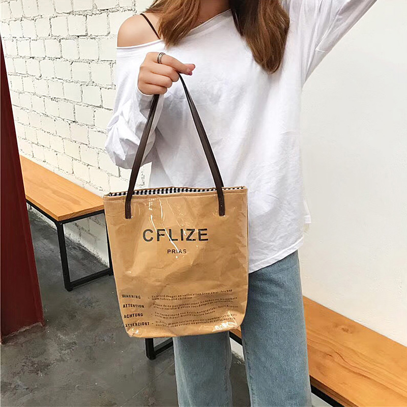2018 new retro shoulder tote bag letter kraft paper bag PVC waterproof large capacity handbag