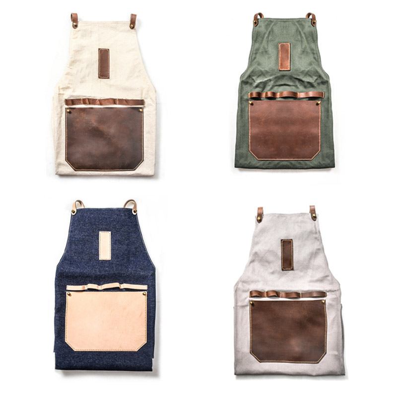 Custom Superior Durable Canvas Apron with Leather Pockets And Straps
