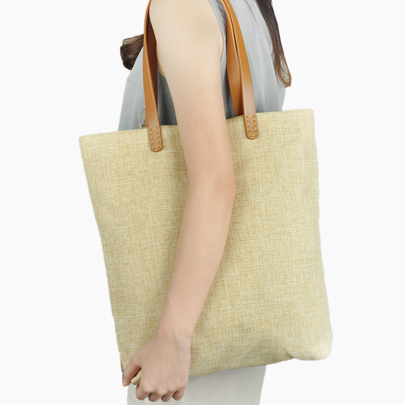 High quality hot sale linen fabric shopping bag with leather handle