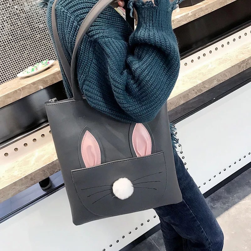 New logo custom shoulder student shopping handbag cute cartoon pu leather bag with zipper