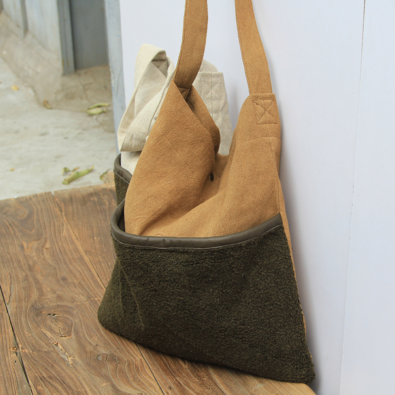 New product burlap and lamb flannel stitching fabric fashion eco friendly high quality low price women cotton linen tote bag