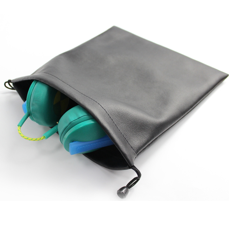 Simple practical waterproof pu leather drawstring earphone bag with factory custom