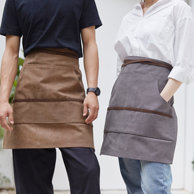 Washed Gray Brown Canvas Half-length Apron for Barista Flower Shop Restaurant Hotel Cafe Overalls Customization Uniforms