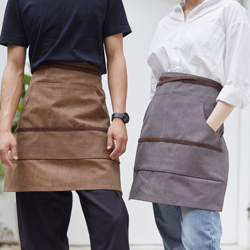 Washed Gray Brown Canvas Half-length Apron for Barista Flower Shop Restaurant Hotel Cafe Overalls Customization Uniforms