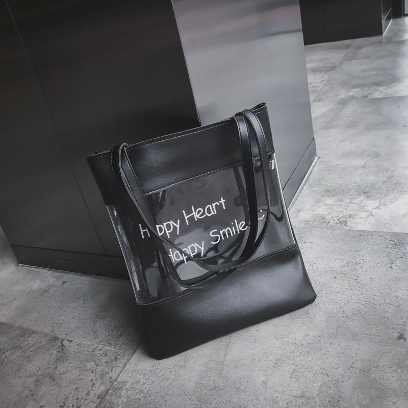 Fashion logo printed custom transparent tote shopping bag pu leather bag for women