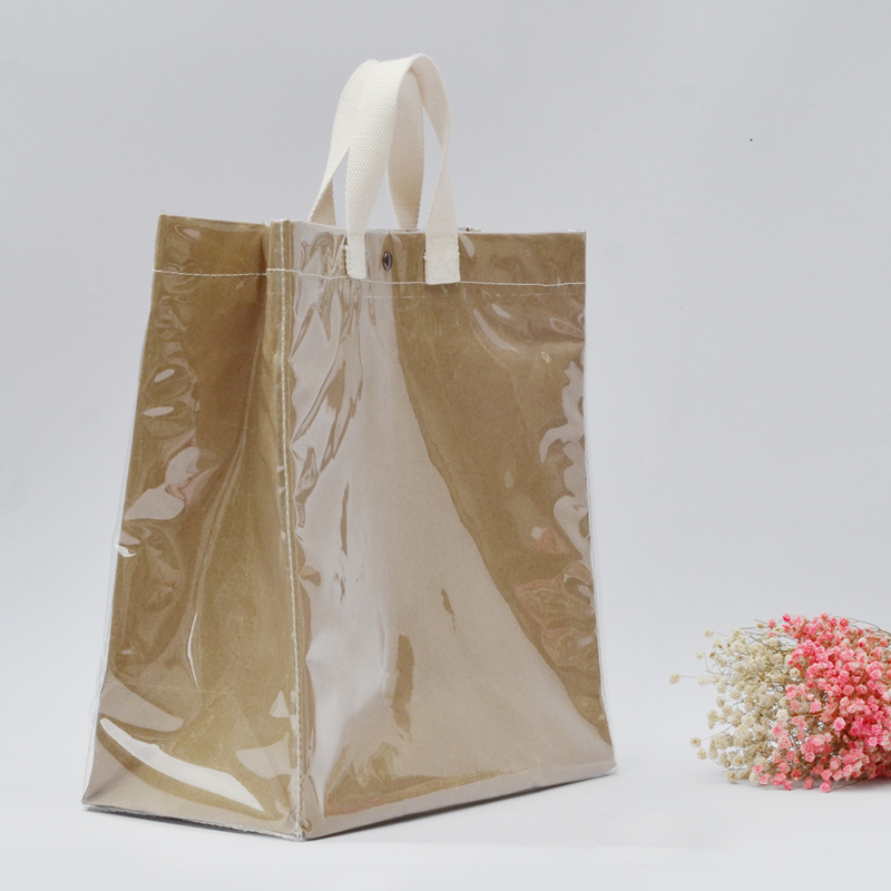 Korea ins retro transparent pvc waterproof kraft paper bag large capacity travel shopping tote bag
