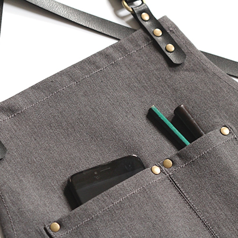 Stylist Leather Strap Denim Work Apron For Cafe Restaurant Bar Uniforms Painting Logo Custom