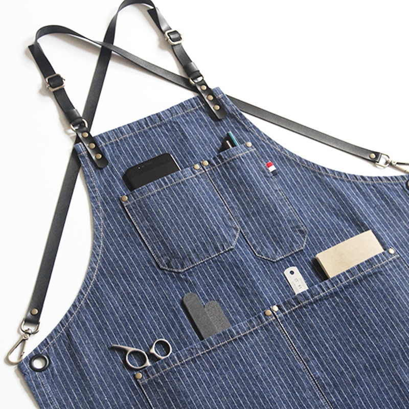 Logo Custom Printing Cotton Fabric Household Kitchen Striped Denim Cooking Apron