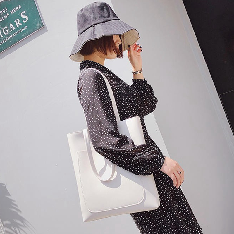 Simple single color lightweight fashion reusable women pu leather tote bag