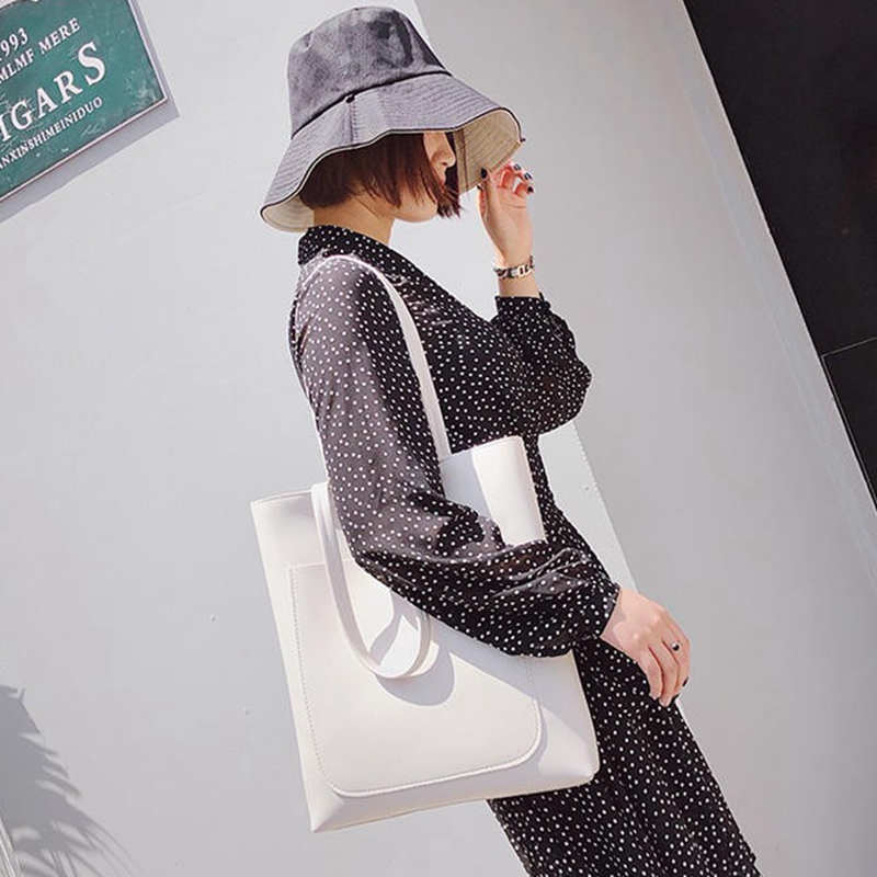 Simple single color lightweight fashion reusable women pu leather tote bag