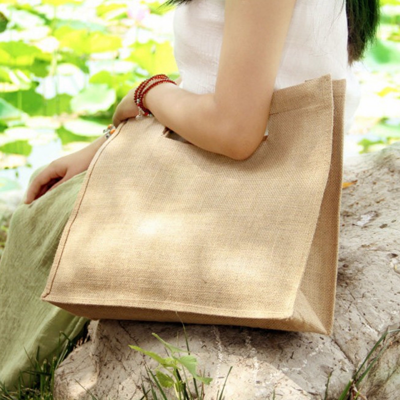 Eco friendly breathable fashion strong linen tote shopping bag with wood handle
