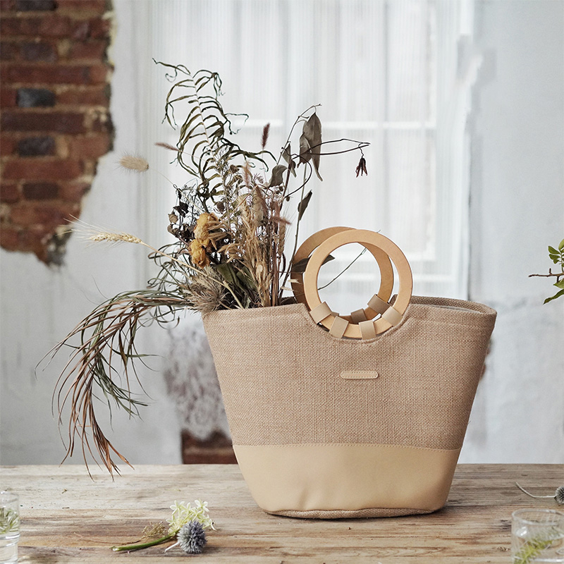 High grand brand new eco friendly breathable linen tote shopping bag with wood handle