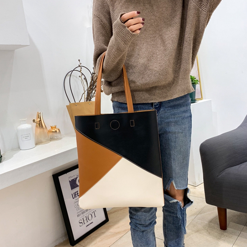 New fashion large capacity bag Korean version of the collision color shoulder bag simple atmosphere soft pu leather bag