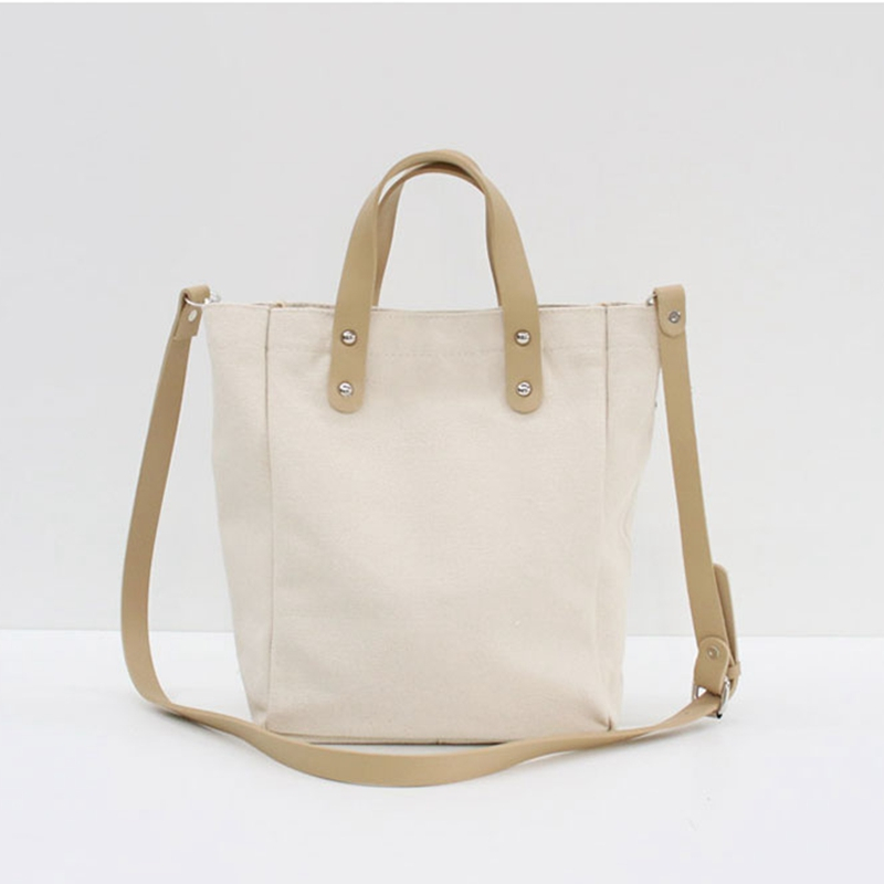 High quality women canvas shopping bag with leather strap