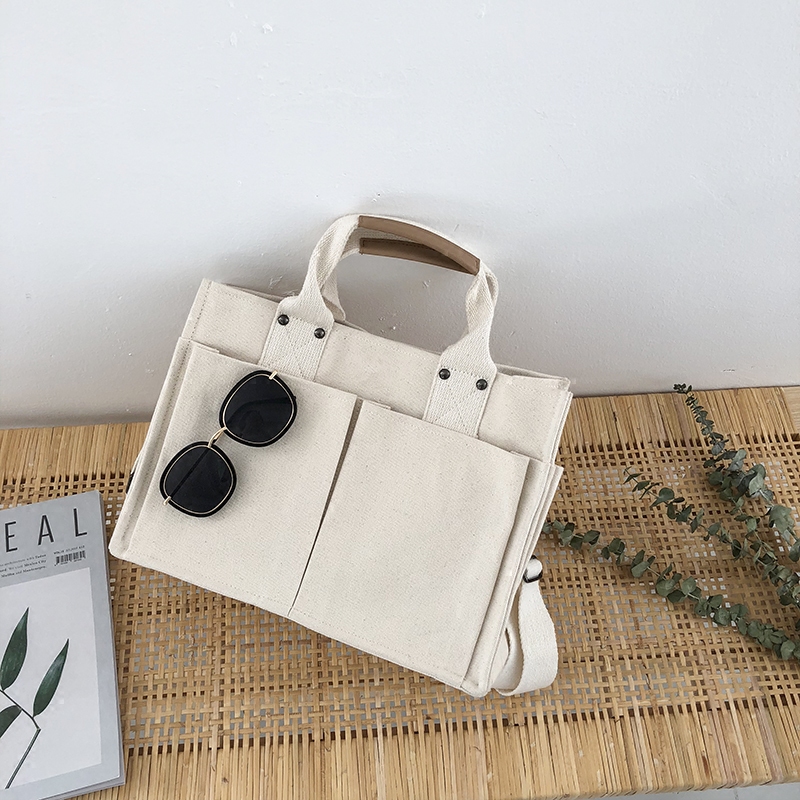 Multi-pockets white canvas tote bag for women