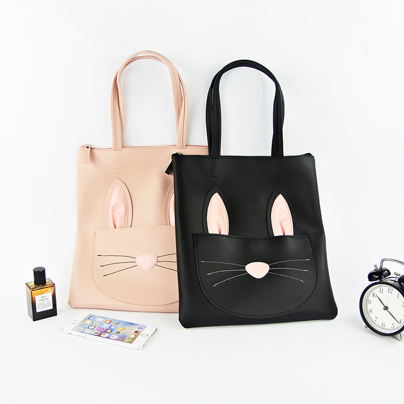Cute cartoon pu leather large zipper shoulder shopping tote bag for ladies