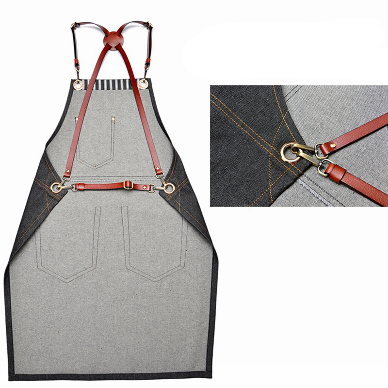 Superior Design Wear-resistant Black Denim Tool Apron with Leather Belts Work Helper for Workshop