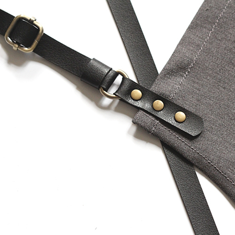 Stylist Leather Strap Denim Work Apron For Cafe Restaurant Bar Uniforms Painting Logo Custom