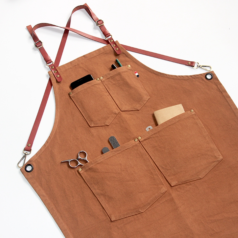 Hot Sales Household Comfortable Cotton Fabric Kitchen Apron With Belt And Tool Pockets