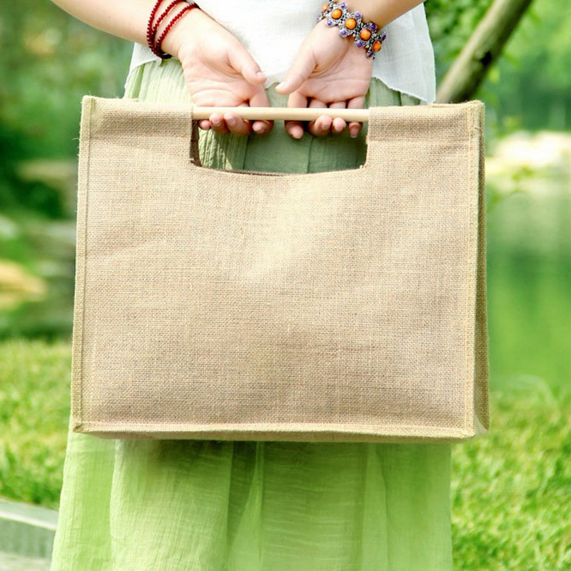 Eco friendly breathable fashion strong linen tote shopping bag with wood handle