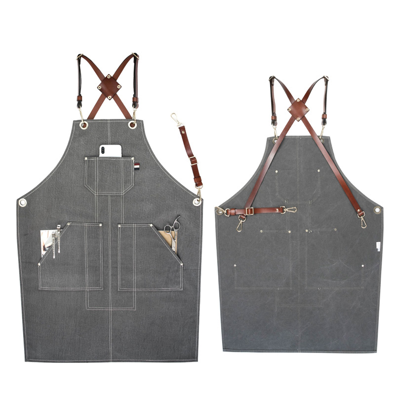 High Quality Exquisite Thick Denim Fabric Leather Straps Work Apron With Pockets LOGO Custom