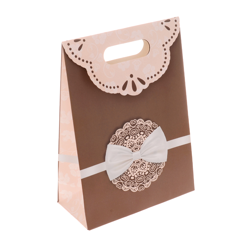 Shopping package foldable paper gift bag with ribbon bow