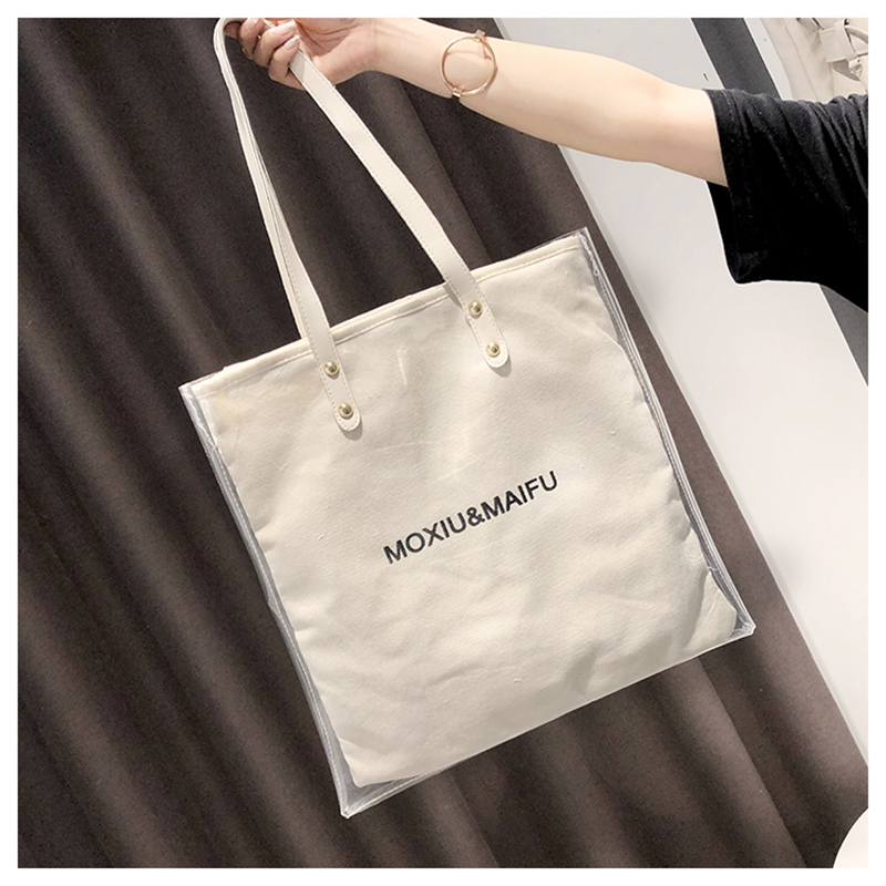 Fashion canvas ladies tote bag with pvc waterproof layer